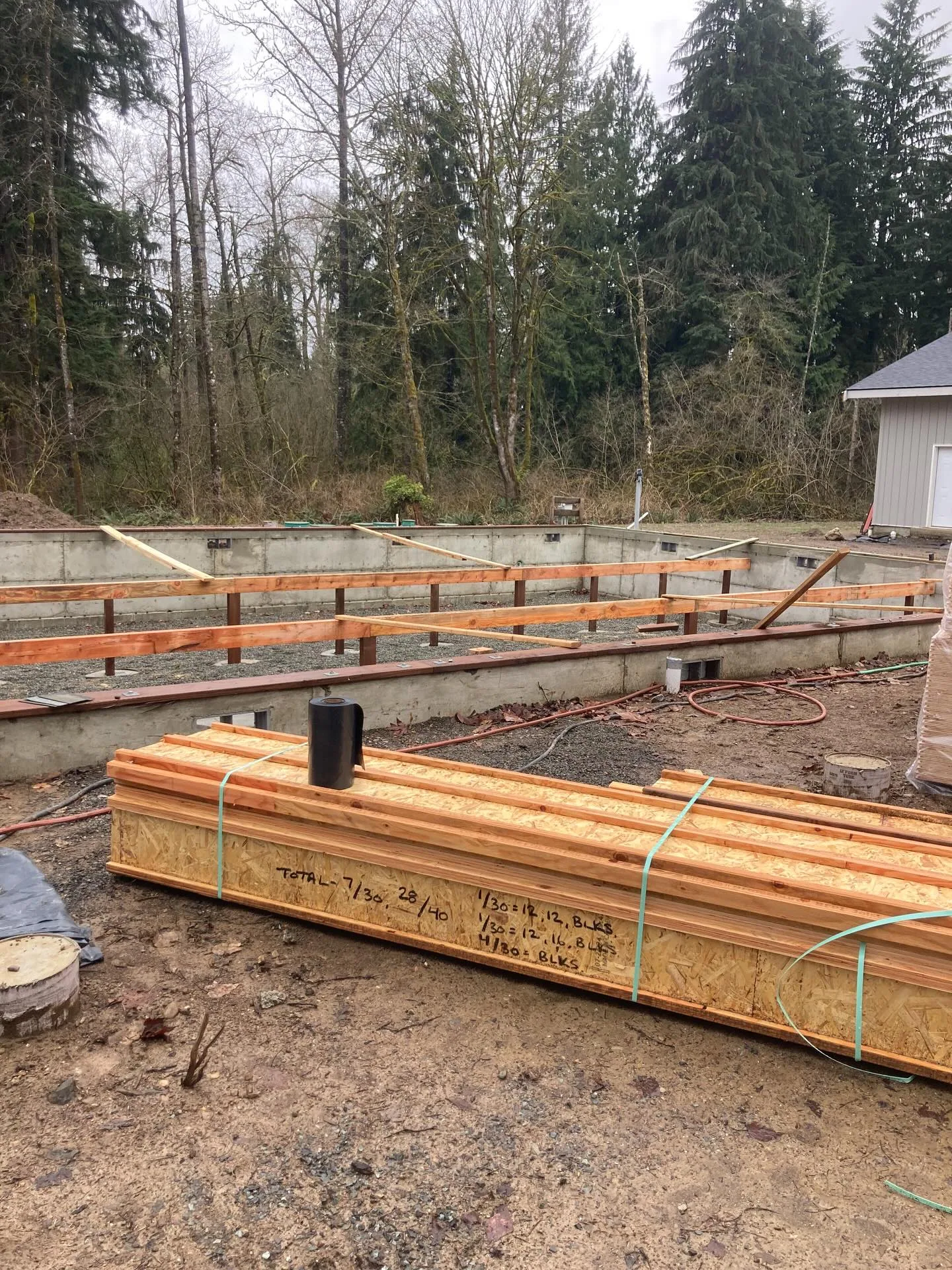 Concrete foundation stem walls banded i joist bundle