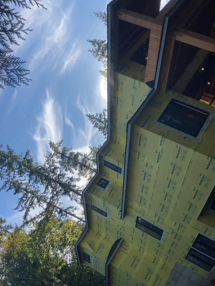Upward view yellow housewrap multi level home evergreens